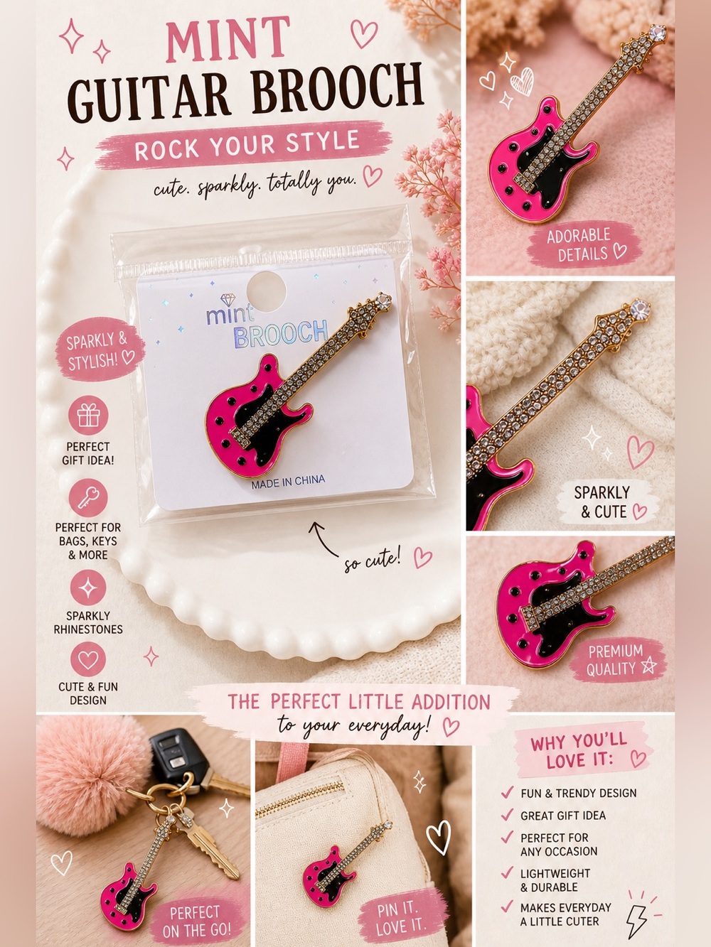 Pink Guitar Brooch Pin Sparkly Rhinestone Cute Y2K Rocker Aesthetic Gift